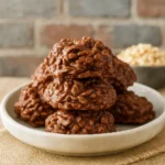 No-Bake Cookies on rustic table with milk