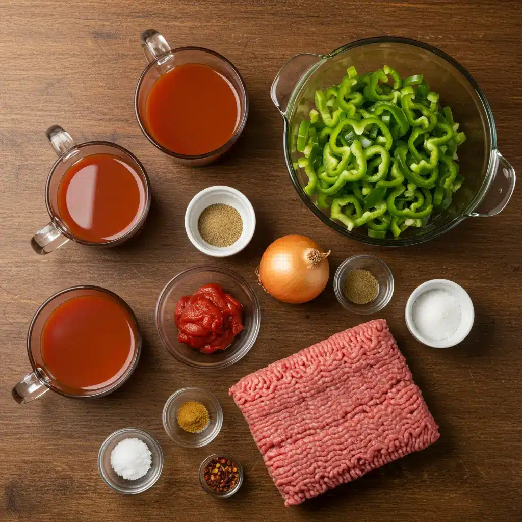 No Bean Chili ingredients laid out on a rustic table