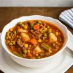 Old-Fashioned Vegetable Beef Soup in a farmhouse kitchen