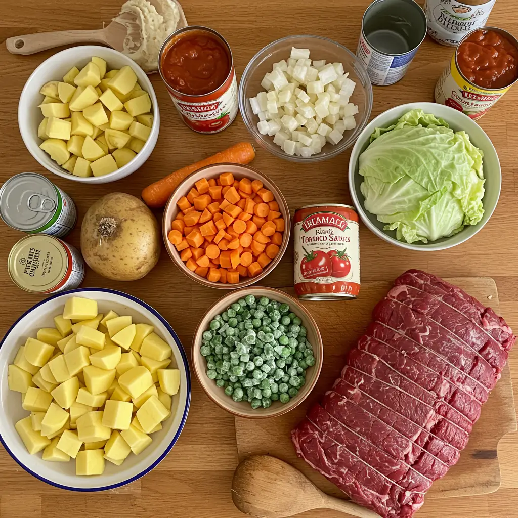 Old-Fashioned Vegetable Beef Soup ingredients on wooden counter