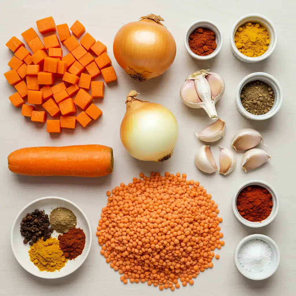 one pot creamy carrot lentil soup ingredients flat lay