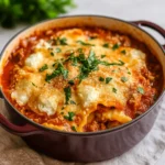 One Pot Lasagna Soup in rustic bowl with cheese and basil