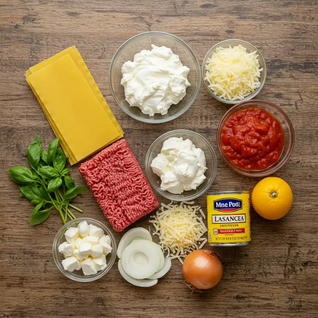 One Pot Lasagna Soup ingredients flat lay