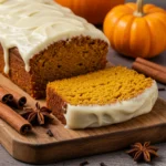 Pumpkin Bread with Cream Cheese Frosting on rustic wooden board