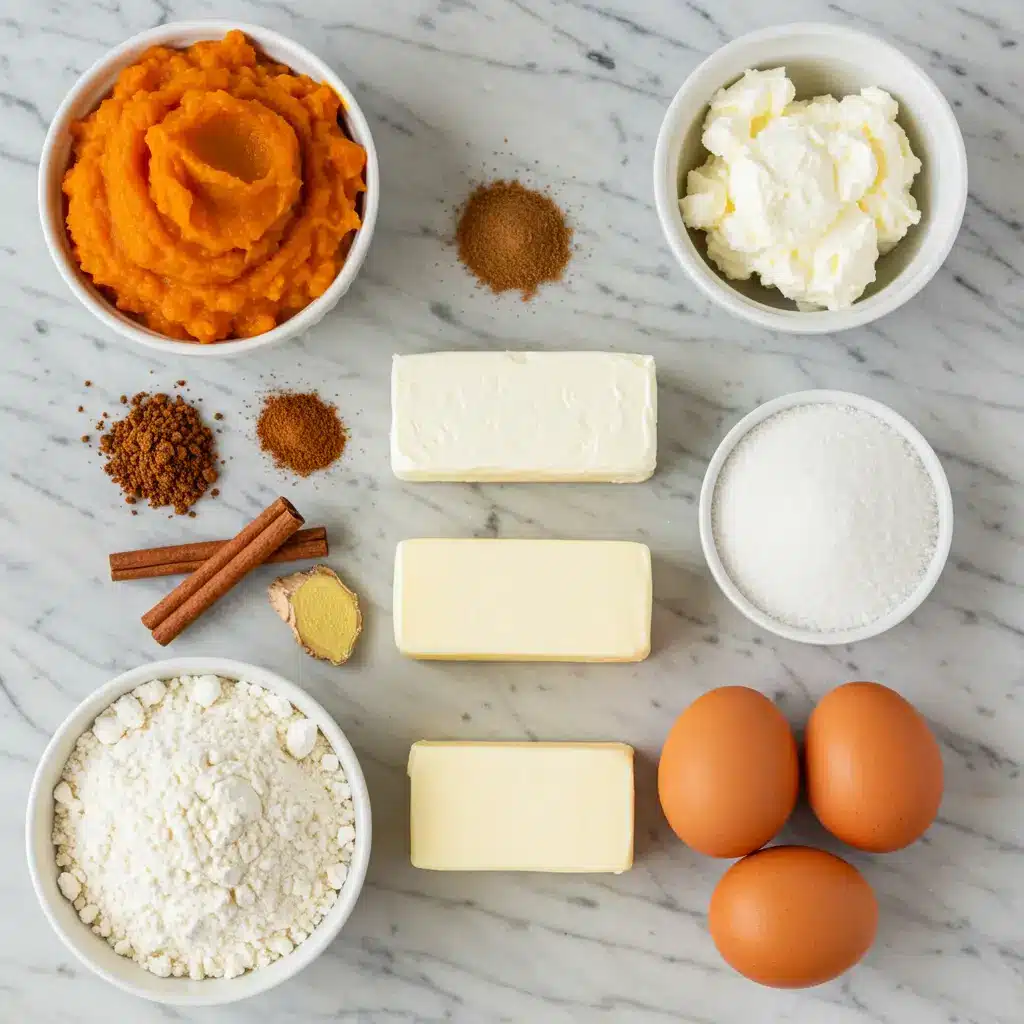 Pumpkin Cheesecake Cookies ingredients on marble background