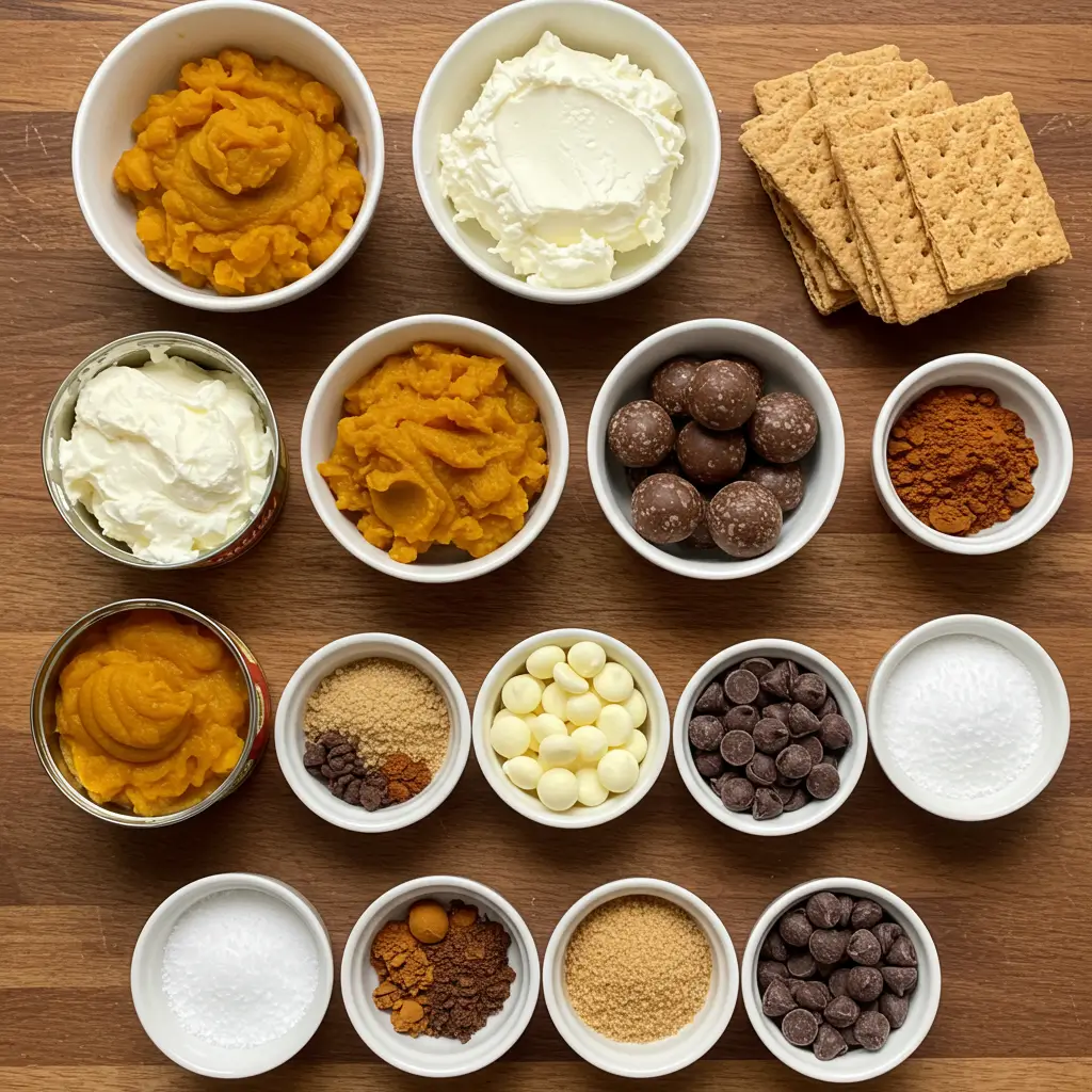 pumpkin cheesecake truffles ingredients flat lay