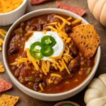 Pumpkin Chili served in a bowl with toppings