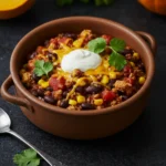 Pumpkin Chili with Black Beans & Corn topped with sour cream and cilantro