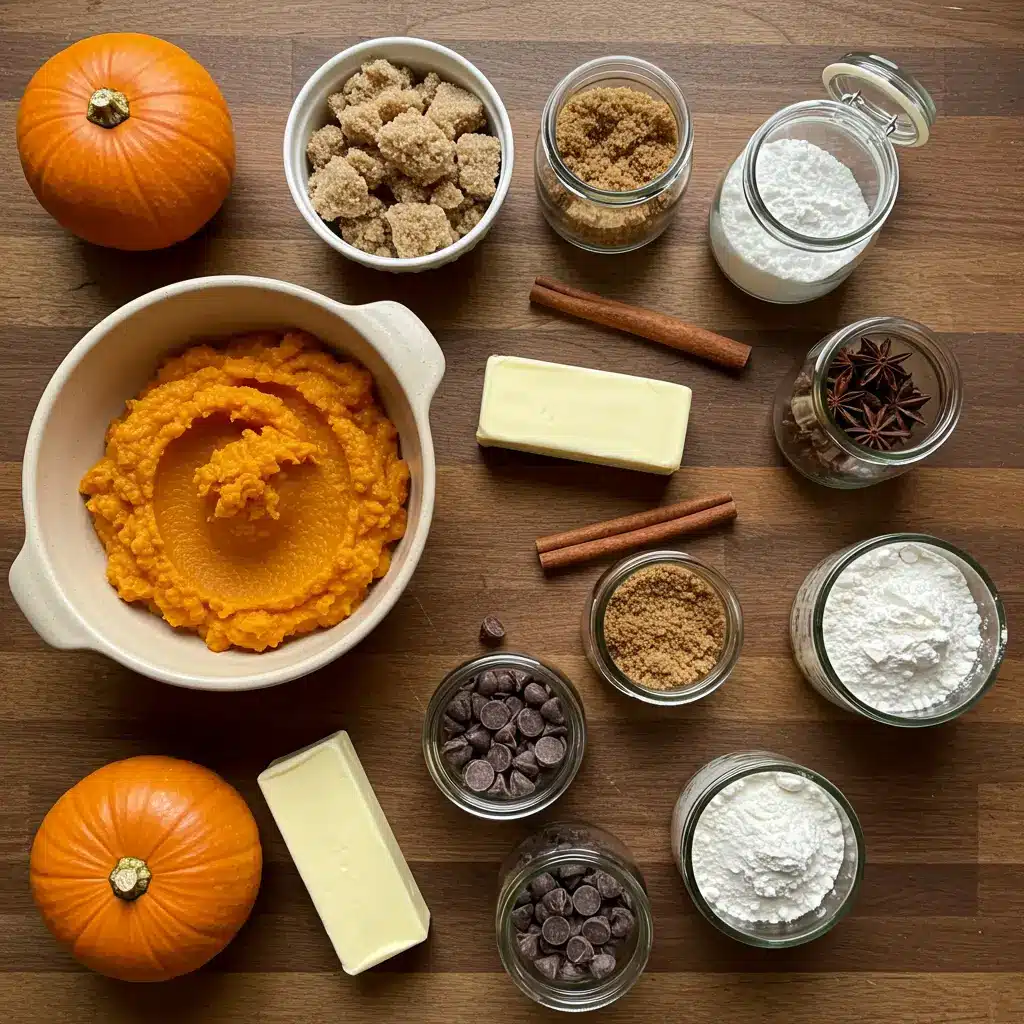 Pumpkin Chocolate Chip Cookies ingredients on a rustic kitchen table