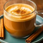 Pumpkin coffee recipe in glass mug with whipped cream and cinnamon