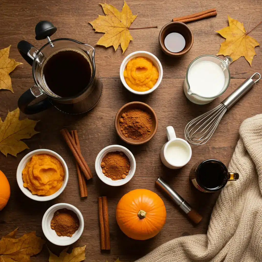 Pumpkin coffee recipe ingredients on wooden table