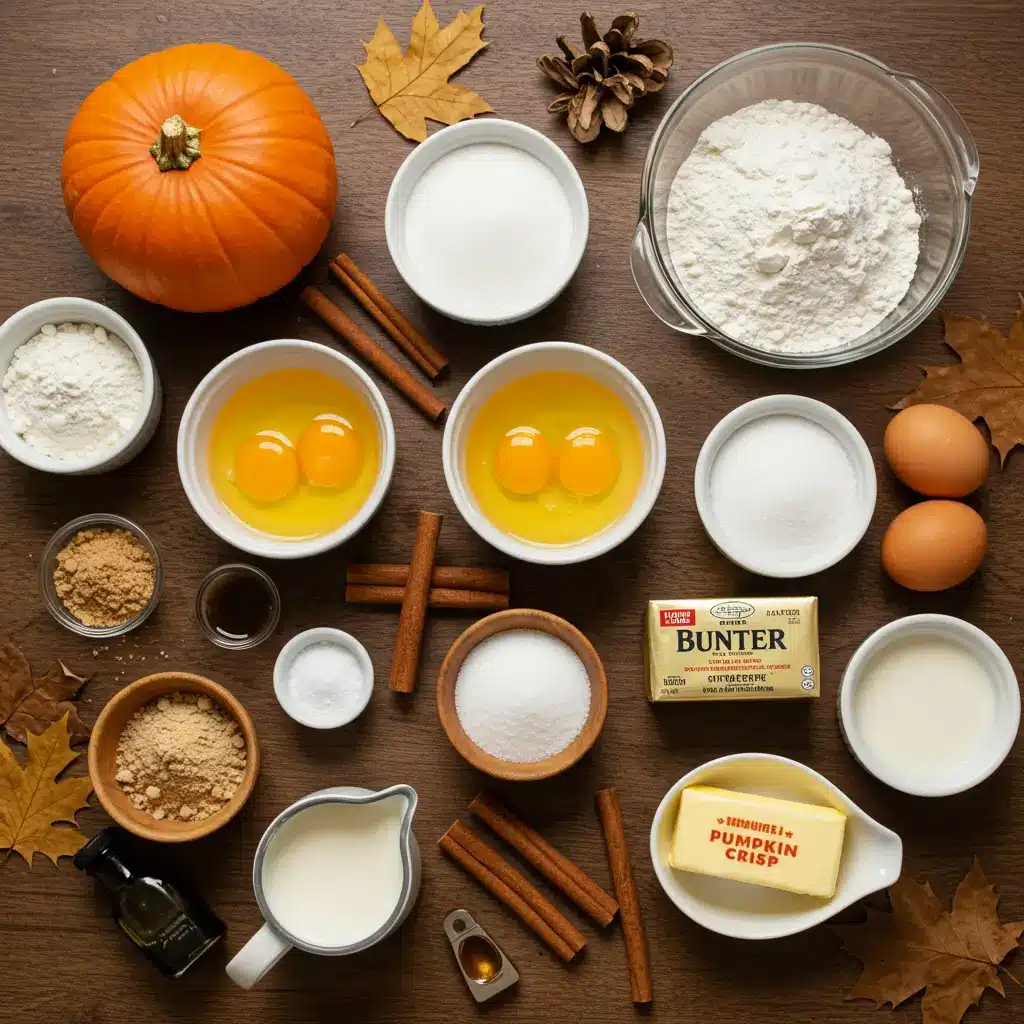 Pumpkin Crisp ingredients flat lay with pumpkin puree, eggs, sugar, flour, cinnamon, vanilla, cream, and butter on rustic wooden table