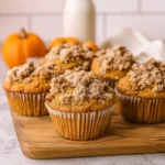 Freshly baked Pumpkin Crumb Muffins with crumb topping on a wooden board