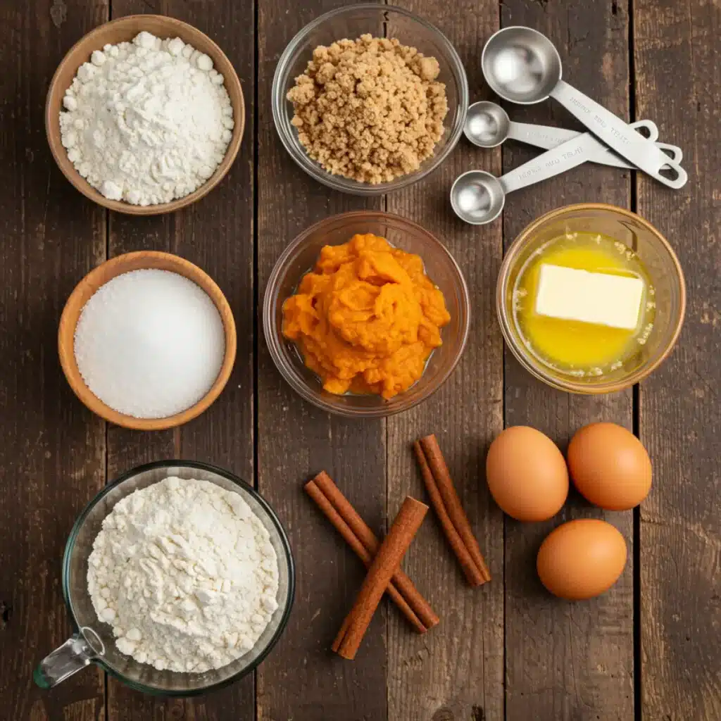 Pumpkin Crumb Muffins ingredients laid out on rustic table