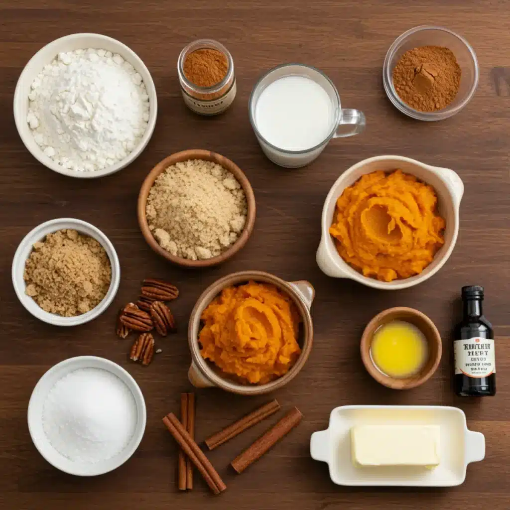 Pumpkin Pecan Coffee Cake ingredients including pumpkin puree, flour, sugar, spices, and pecans