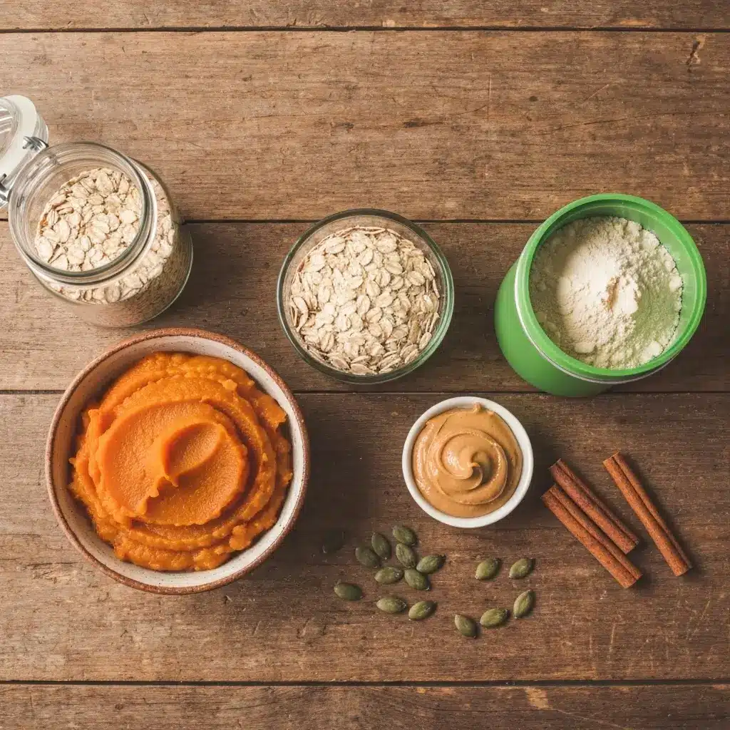 Pumpkin Protein Balls ingredients laid out on wooden surface.