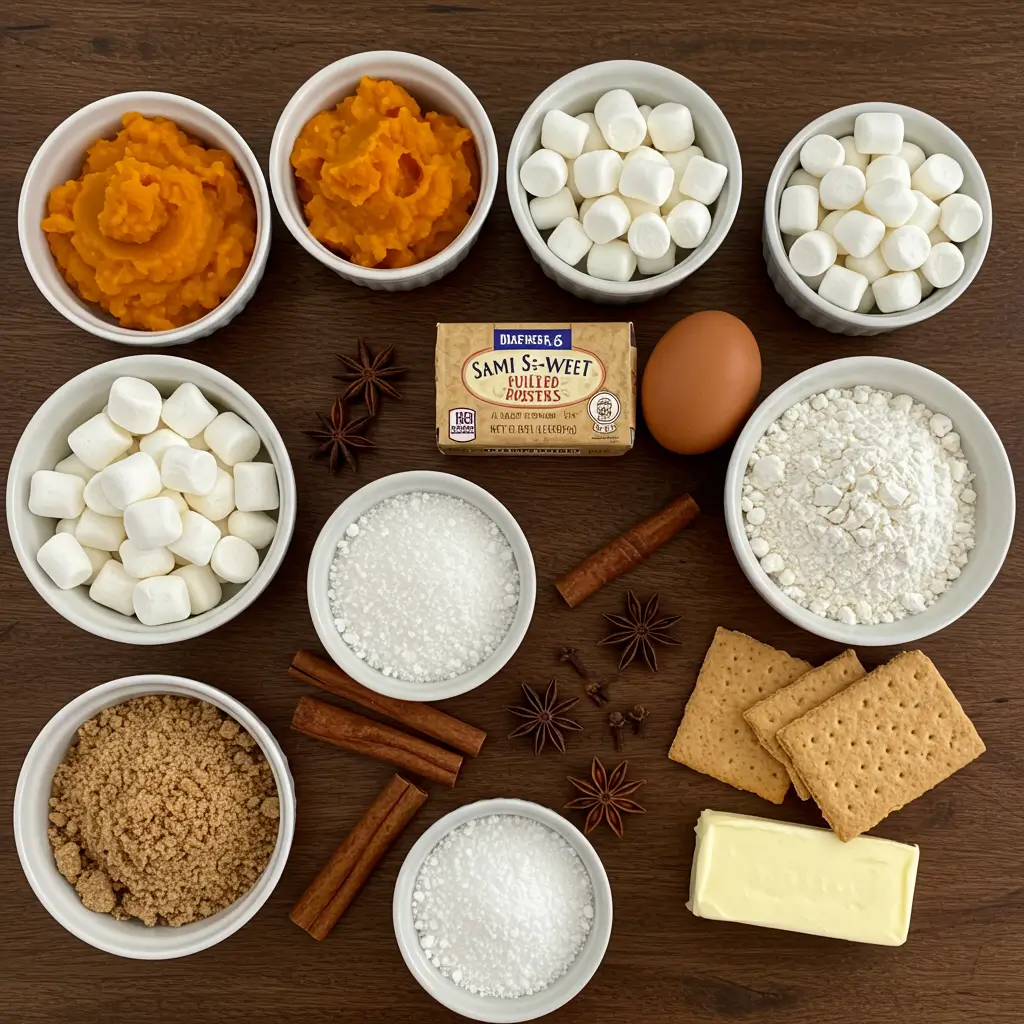 Pumpkin S’mores Cookies ingredients flat lay on rustic table