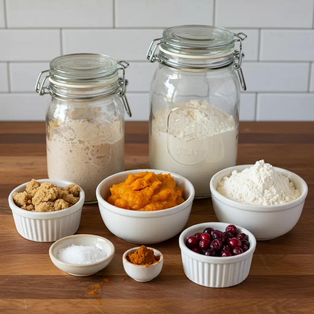 Pumpkin sourdough bread ingredients on rustic kitchen counter