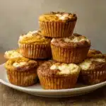 pumpkin spice almond muffins on rustic table with coffee