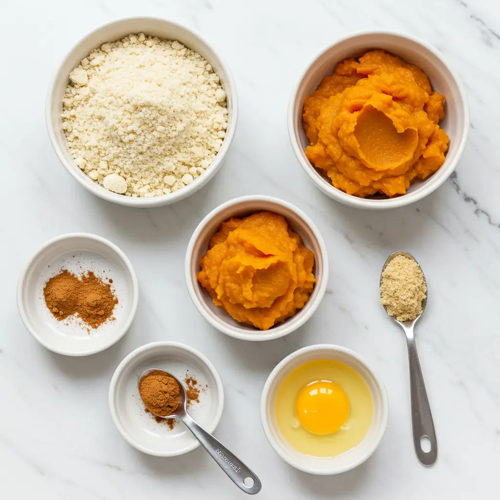 pumpkin spice almond muffins ingredients on marble counter