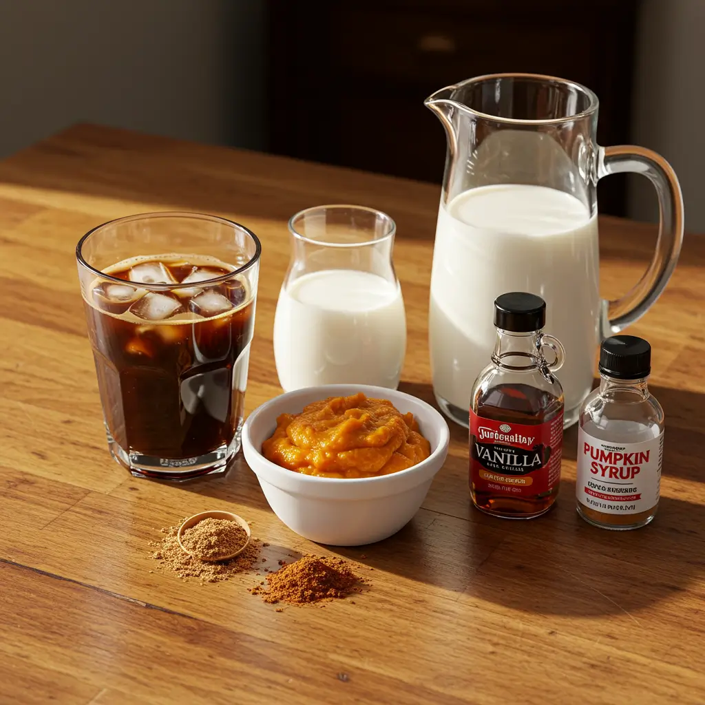 pumpkin spice cold brew ingredients neatly arranged