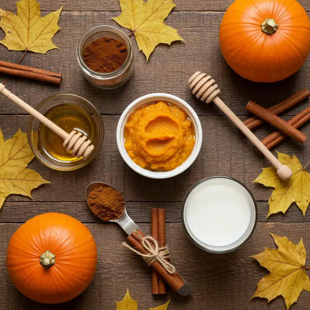 Pumpkin spice milk ingredients on a rustic table