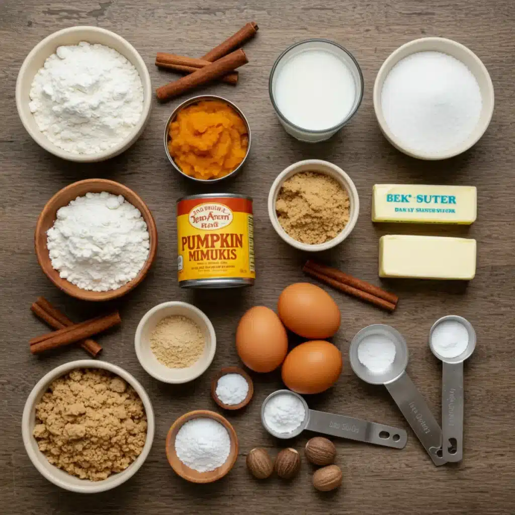 Ingredients for Pumpkin Streusel Muffins including pumpkin puree, spices, and butter