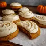 Pumpkin Sugar Cookies with Cream Cheese Frosting on a fall table