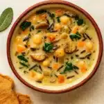 Pumpkin Wild Rice Soup served in a cozy fall setting.