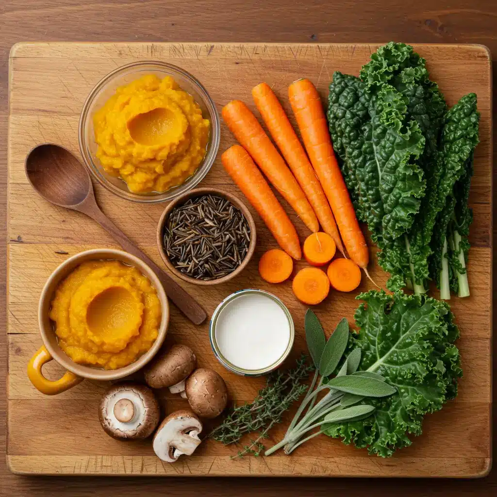 Ingredients for Pumpkin Wild Rice Soup arranged on a rustic table.