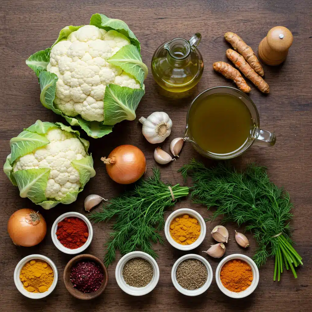roasted cauliflower soup ingredients with cauliflower, spices, and dill