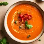 Roasted Tomato Basil Soup with basil garnish and grilled cheese