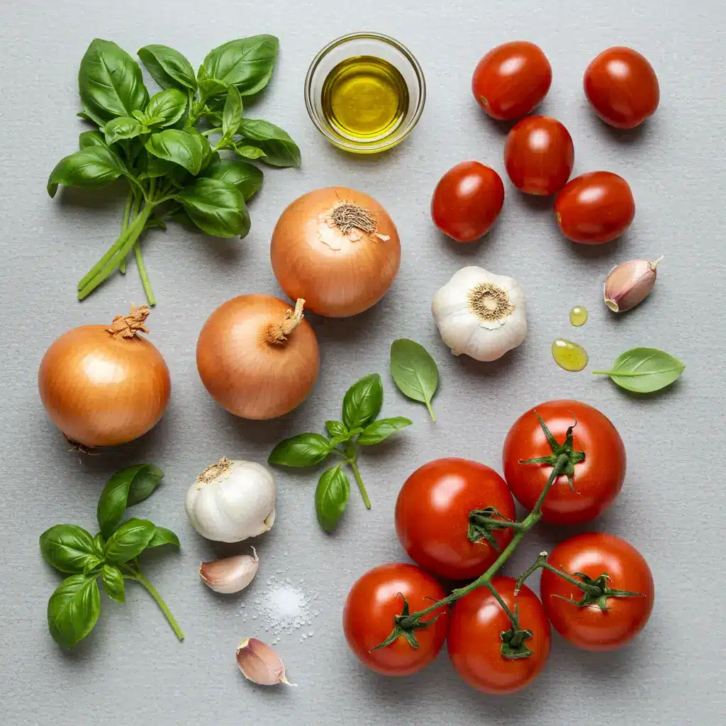 Ingredients for roasted tomato basil soup including tomatoes, onion, garlic, and basil