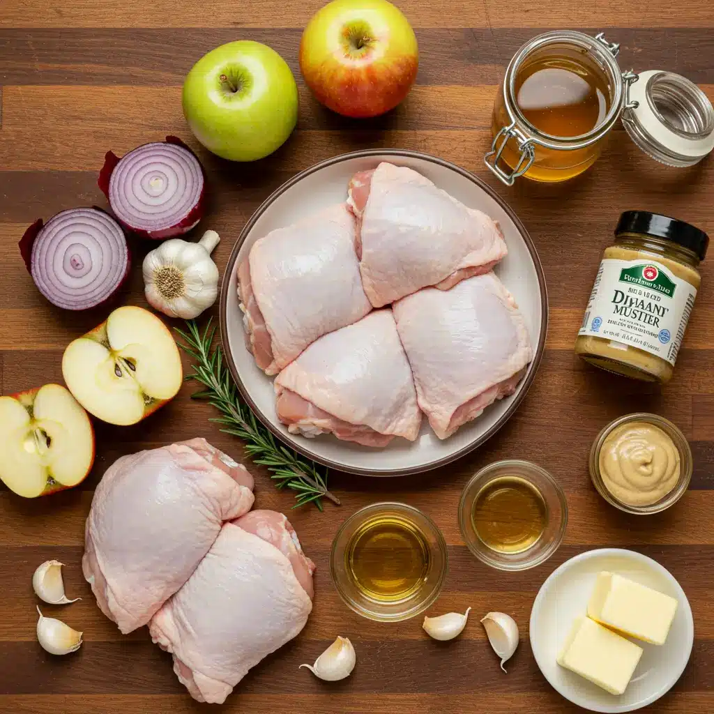 Ingredients for Rosemary Apple Cider Chicken on a kitchen counter