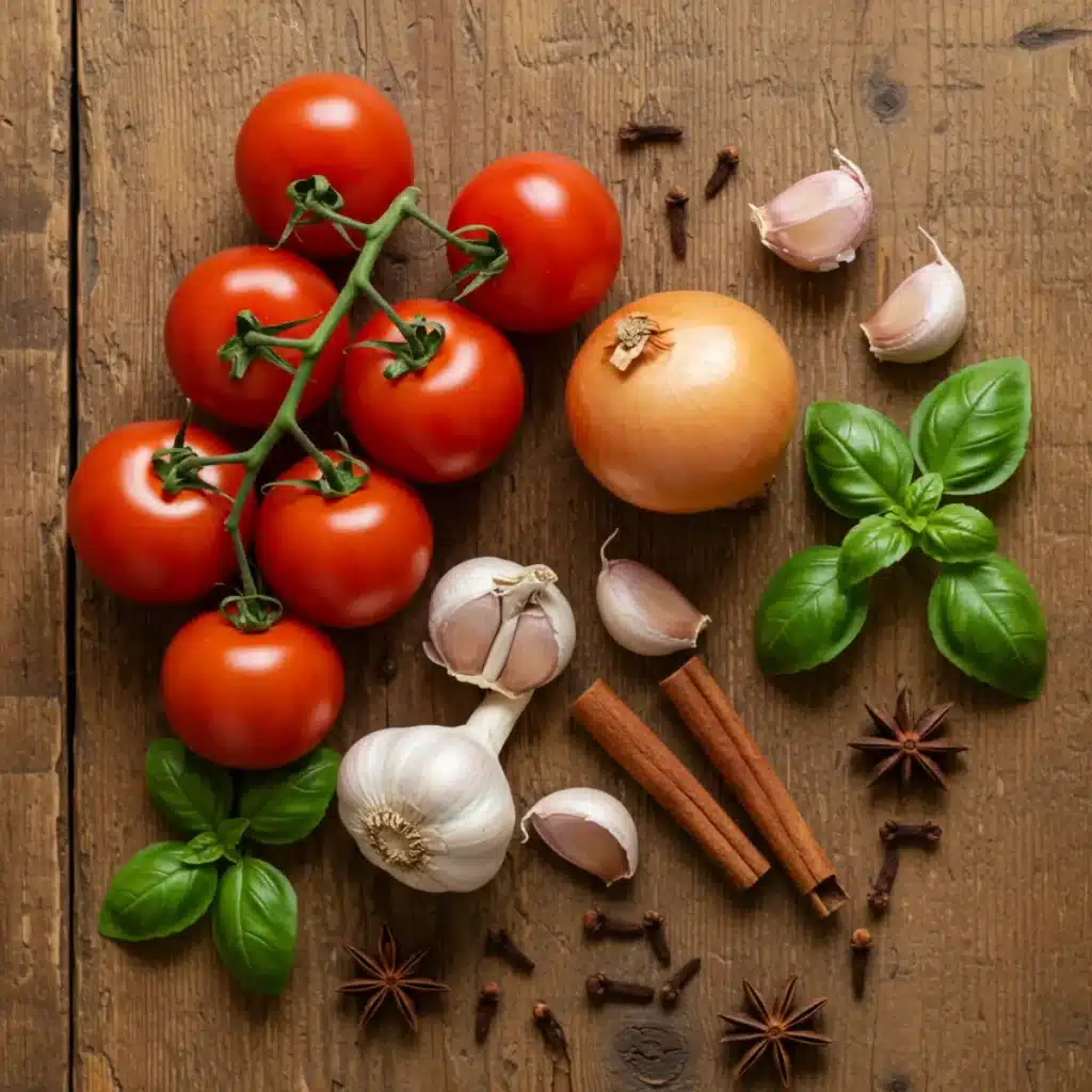 Fresh ingredients for Simple Roasted Tomato Soup on wooden table