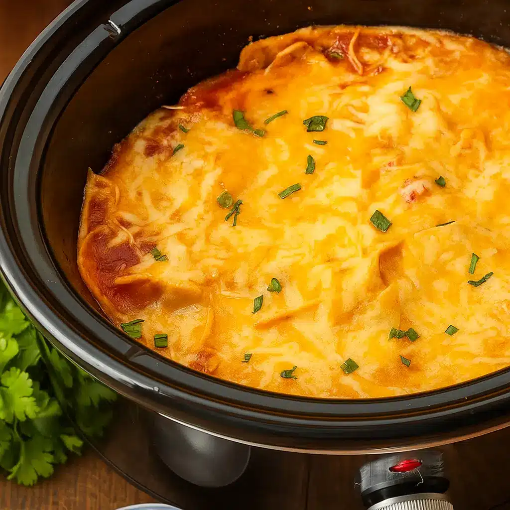 Slow Cooker Chicken Enchilada Casserole topped with melted cheese inside crockpot.