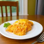 Slow Cooker Chicken Enchilada Casserole served on a white plate with melted cheese.