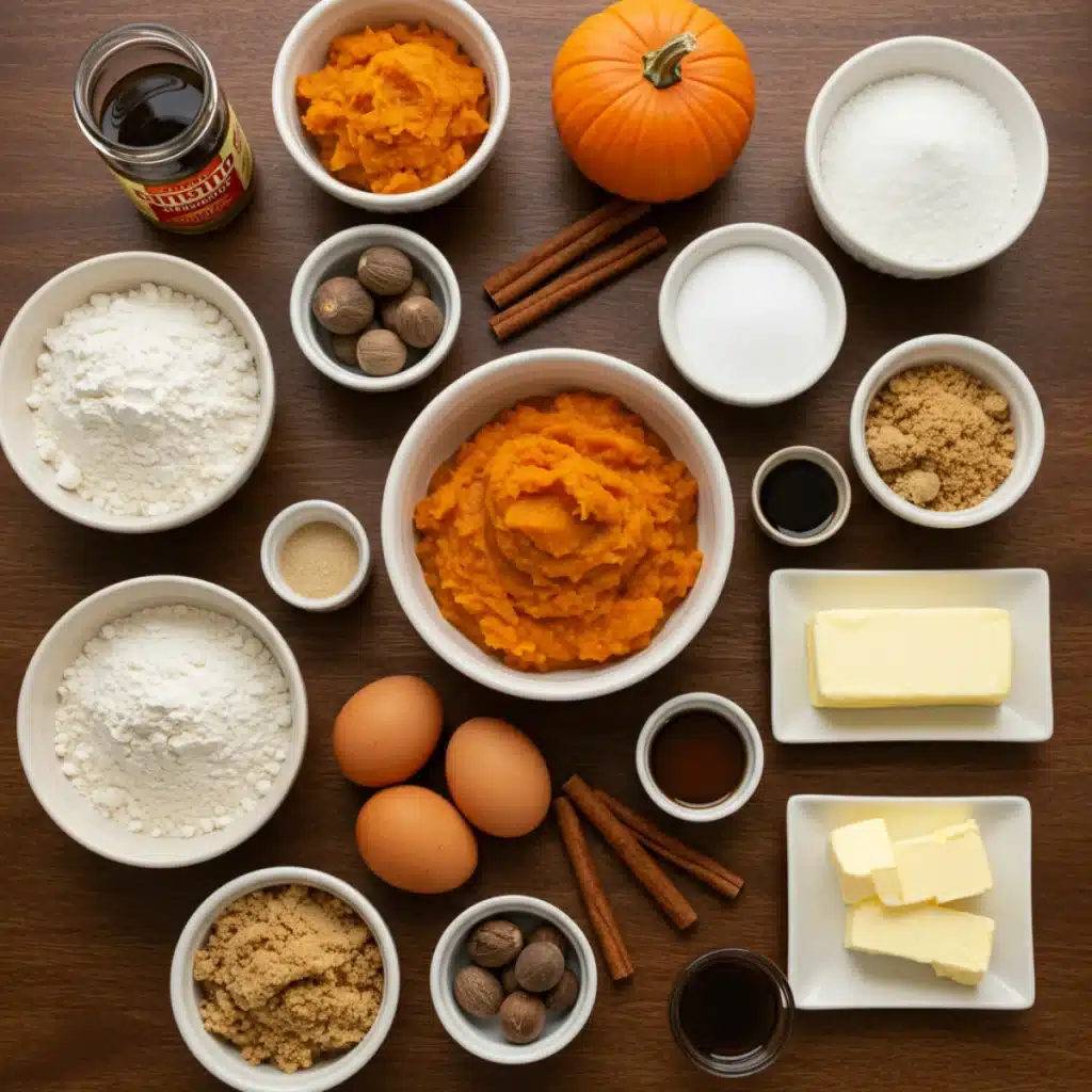 Ingredients for Snickerdoodle Pumpkin Bread on a rustic counter