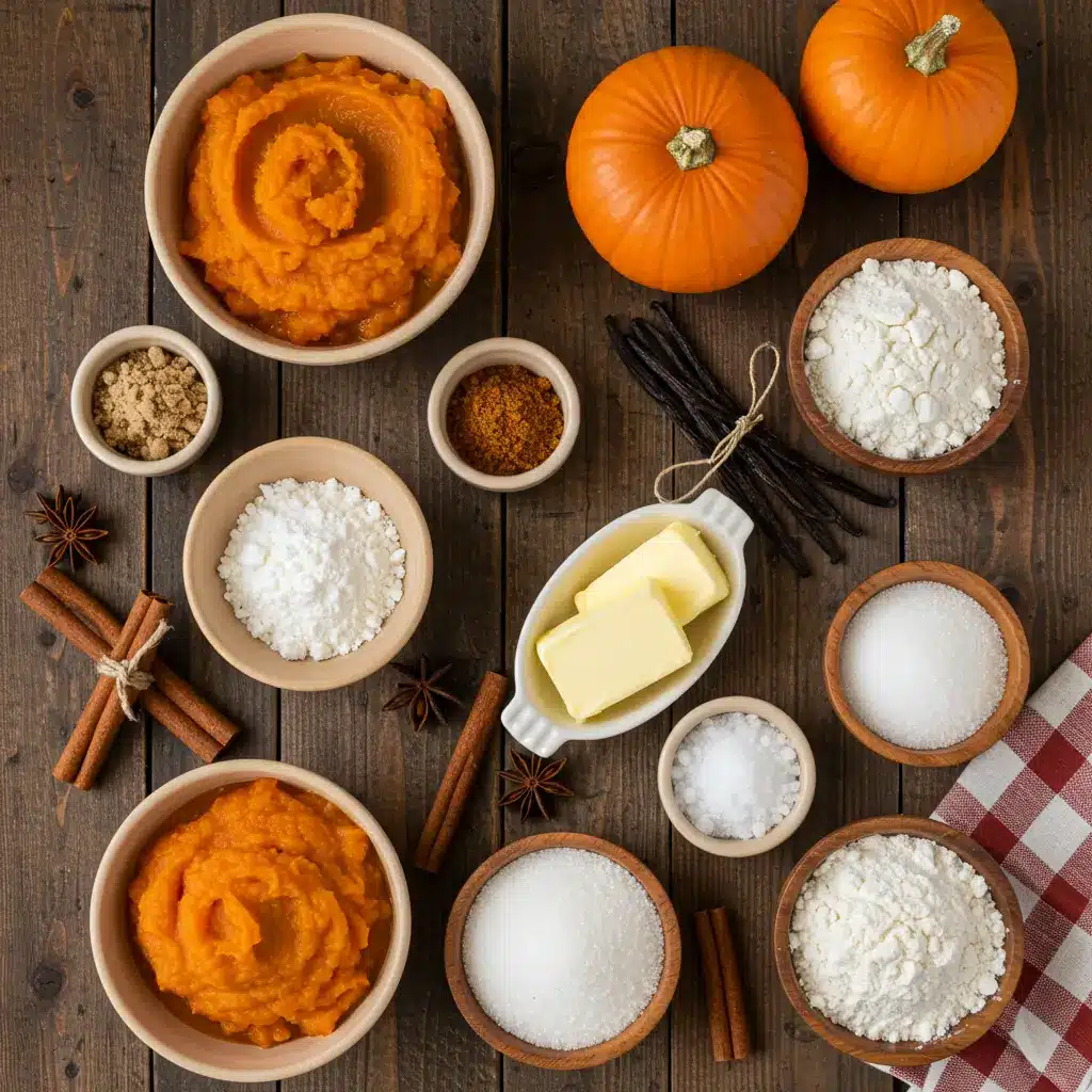 Soft and Chewy Pumpkin Cookies ingredients on rustic wooden table