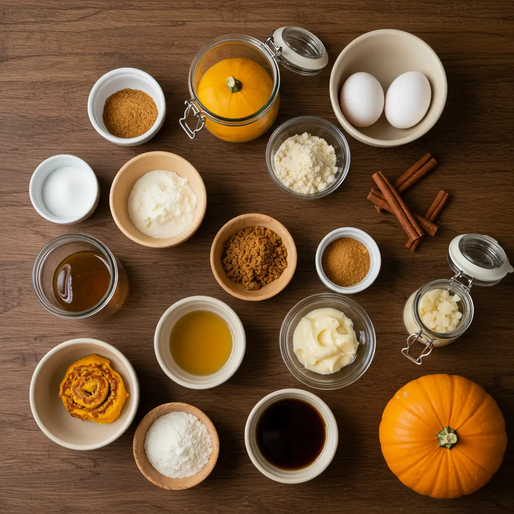 Ingredients for sourdough pumpkin roll on rustic table