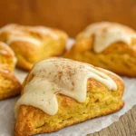 Freshly baked sourdough pumpkin scones drizzled with maple glaze