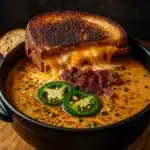 Spicy Jalapeño Popper Soup with Grilled Cheese Dippers in a bowl