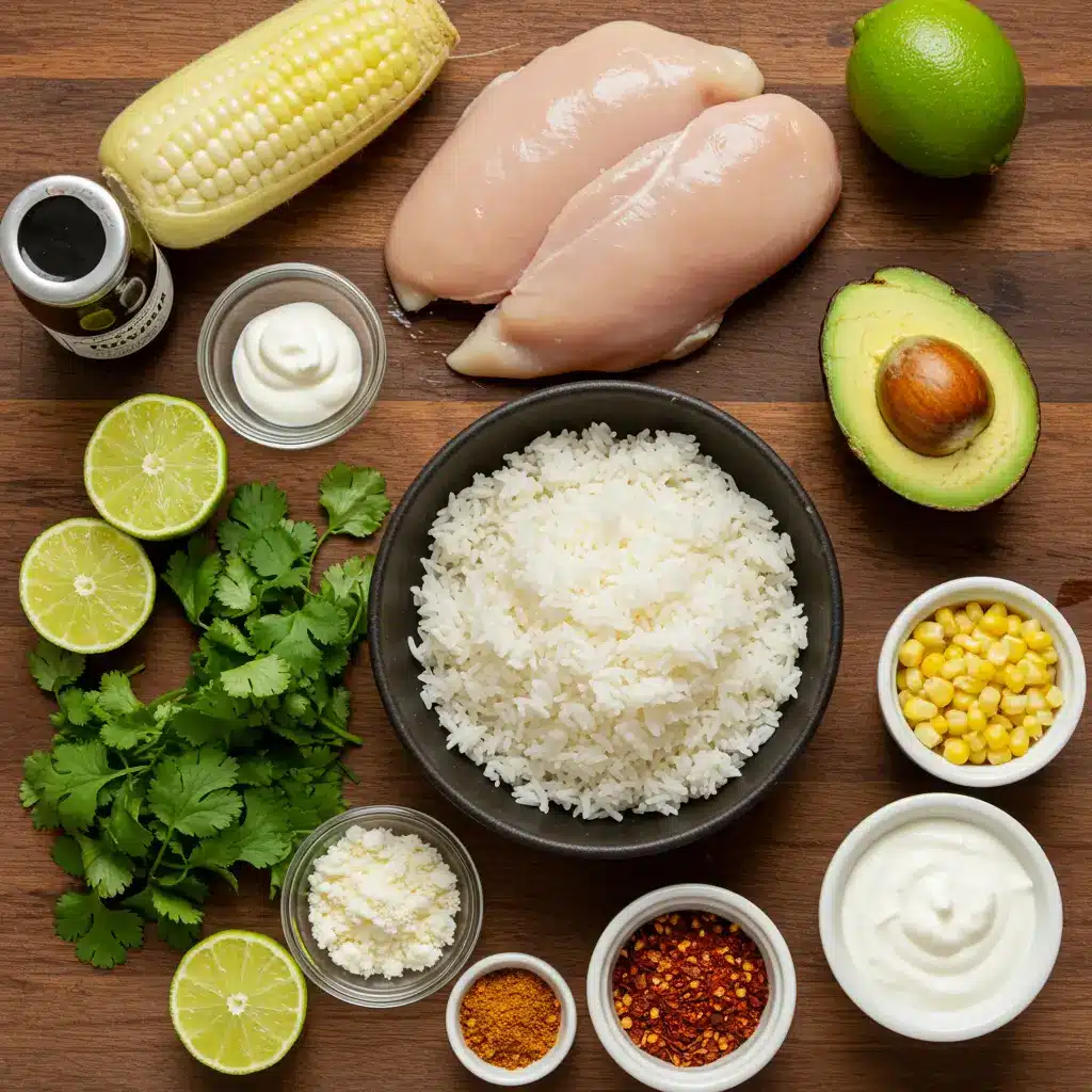 Street Corn Chicken Rice Bowl Recipe ingredients laid out on wooden counter