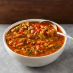 Bowl of hearty stuffed pepper soup topped with cheese