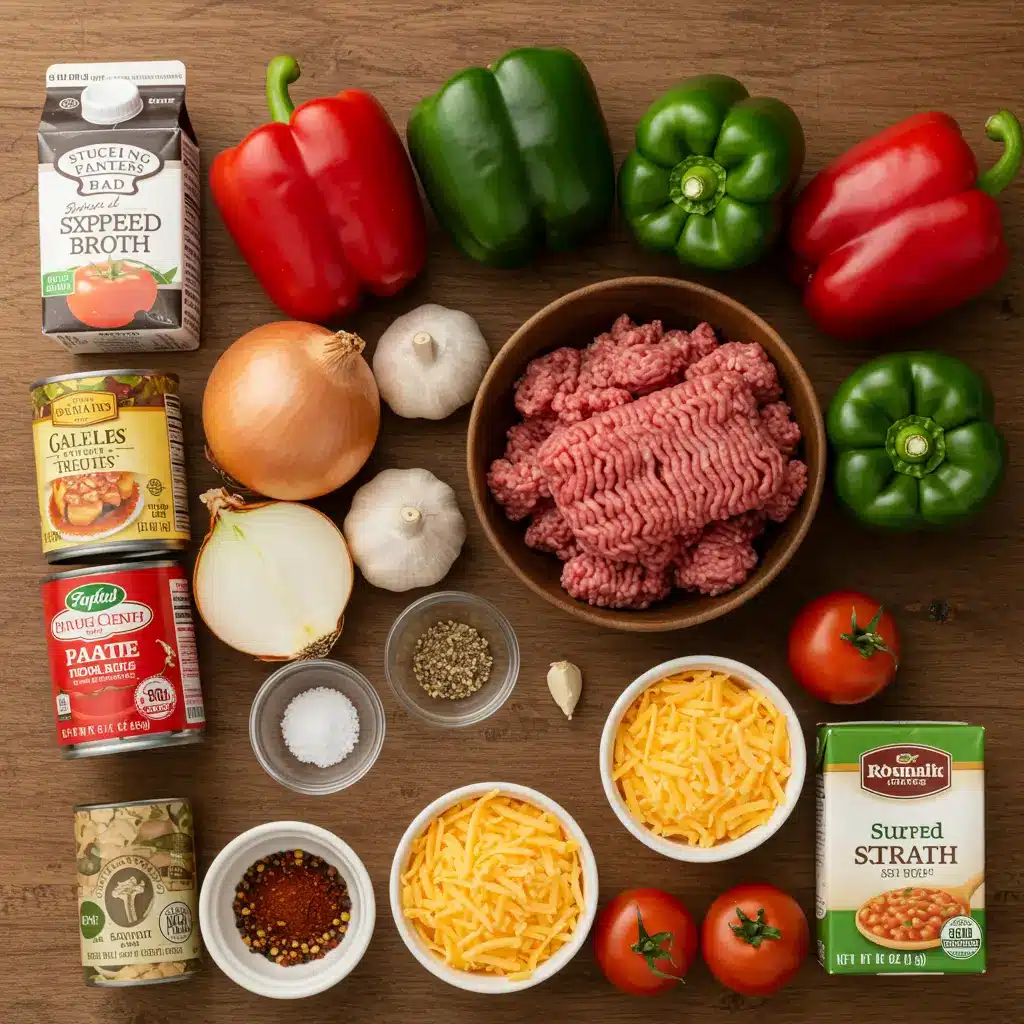 Fresh ingredients for stuffed pepper soup on wooden table