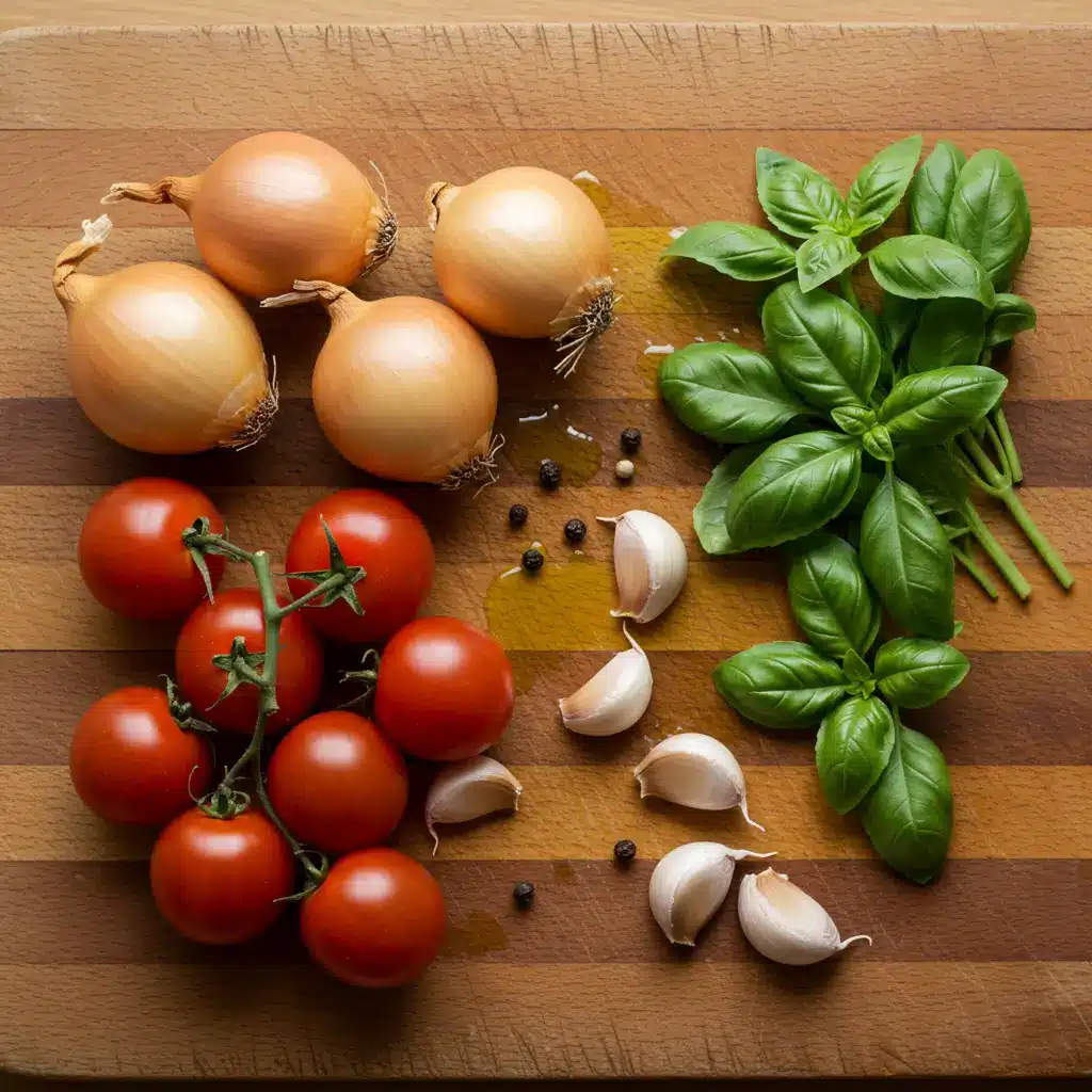 ingredients for tomato soup recipe with fresh tomatoes on board