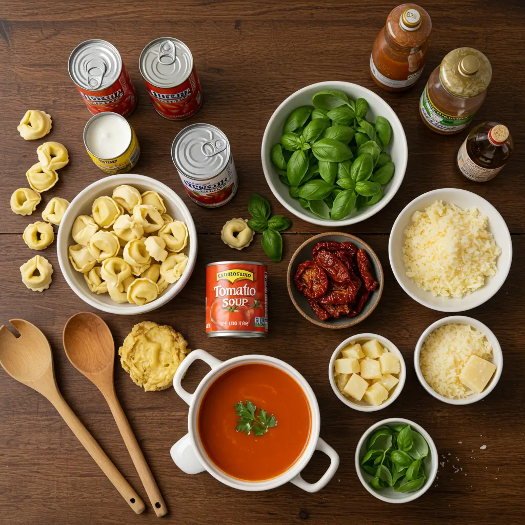 tomato tortellini soup ingredients flat lay