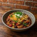 Turkey Chili Recipe served with toppings in a rustic bowl