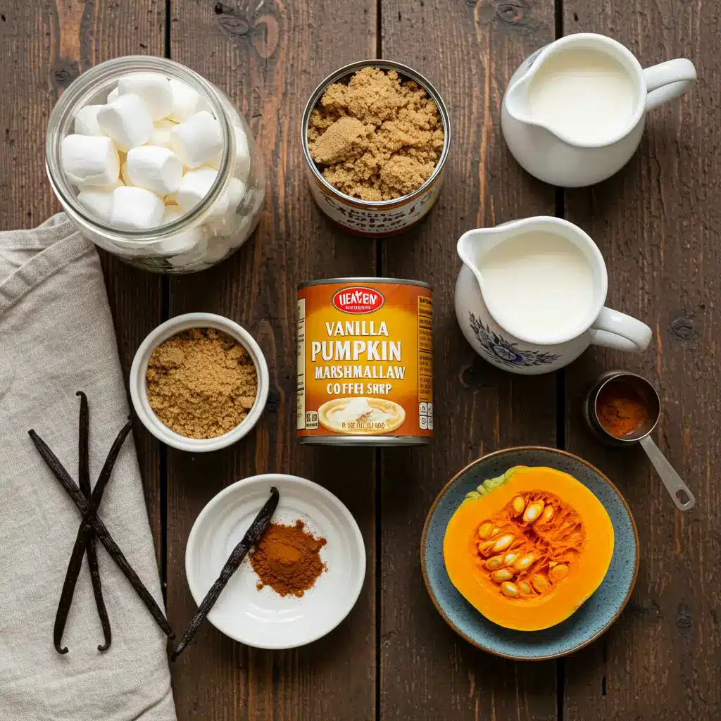 vanilla pumpkin marshmallow coffee syrup ingredients flat lay