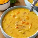 Vegan Cheeseburger Soup in a rustic bowl topped with parsley